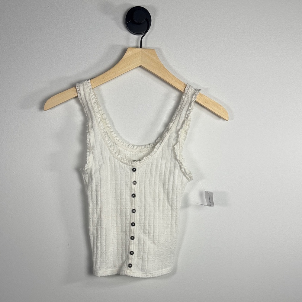 NWT American Eagle White Ribbed Button-Front Tank Top XXS Lace Trim
